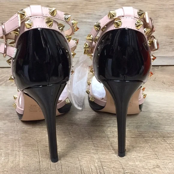 Hecater Ankle Strap Studded Patent Faux Leather Black and Cream Heels - Picture 8 of 9